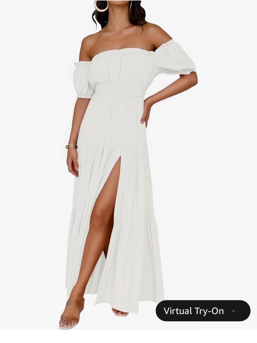 Off-Shoulder White Maxi Dress with Puff Sleeves and High Slit